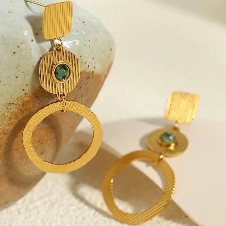 Brinco Pingente Duplo Circular com Turquesa Africana - Beverly Joias