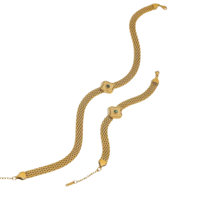 Conjunto Colar e Pulseira de Malha Retrô com Turquesa Africana [Compre 1 Leve 2]