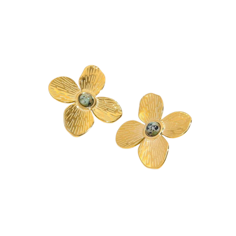 Brinco Quatro Folhas com Pedra Turquesa Africana