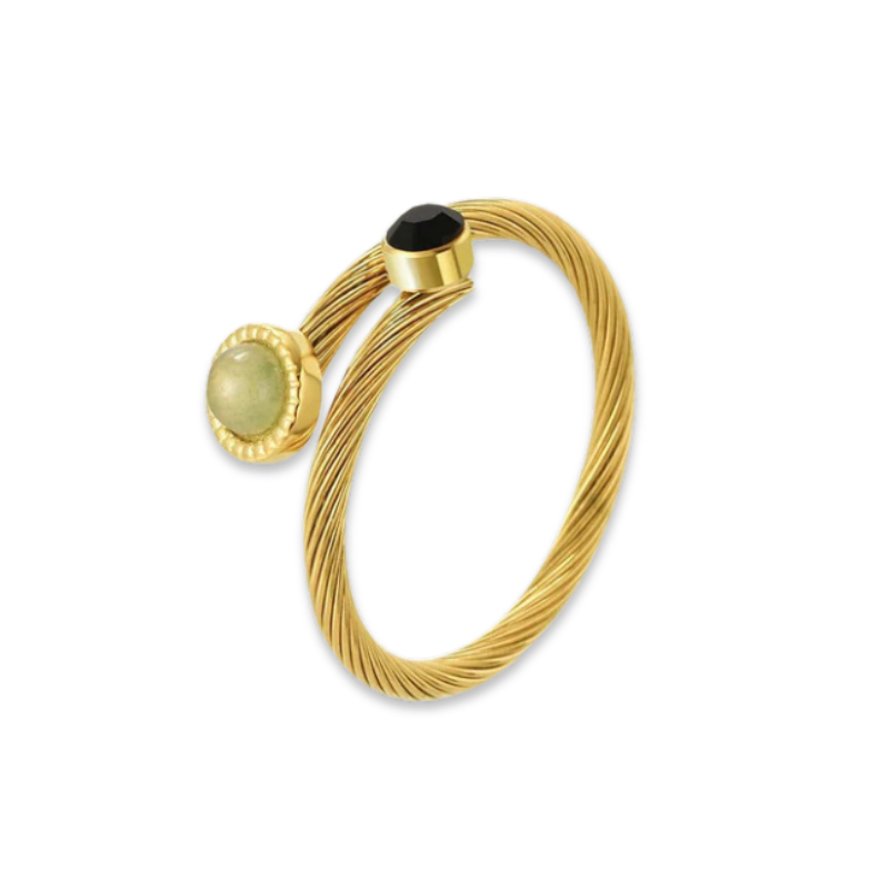 Anel Twisted com Pedras Ônix e Opala Verde