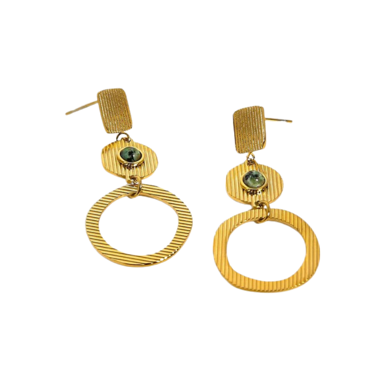Brinco Pingente Duplo Circular com Turquesa Africana