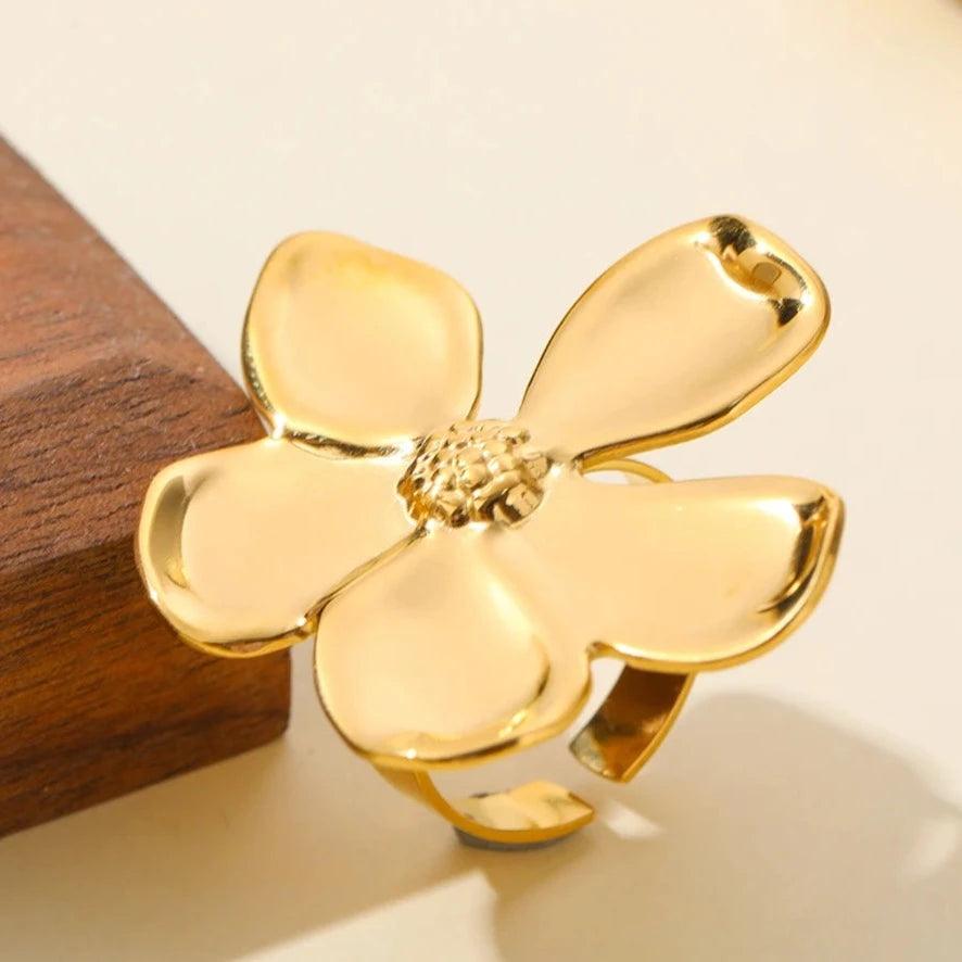 Anel Floral Pétalas Douradas - Beverly Joias