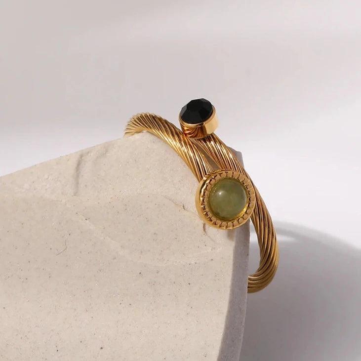Anel Twisted com Pedras Ônix e Opala Verde - Beverly Joias