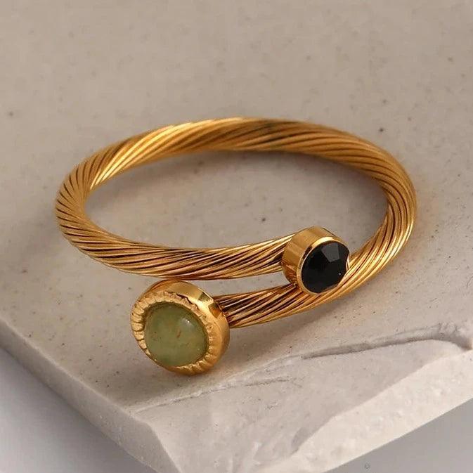 Anel Twisted com Pedras Ônix e Opala Verde - Beverly Joias