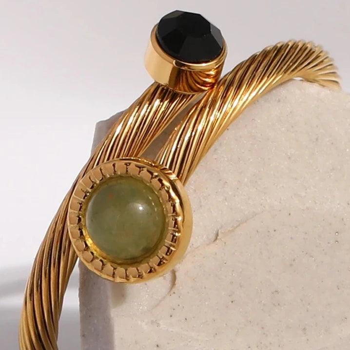 Anel Twisted com Pedras Ônix e Opala Verde - Beverly Joias