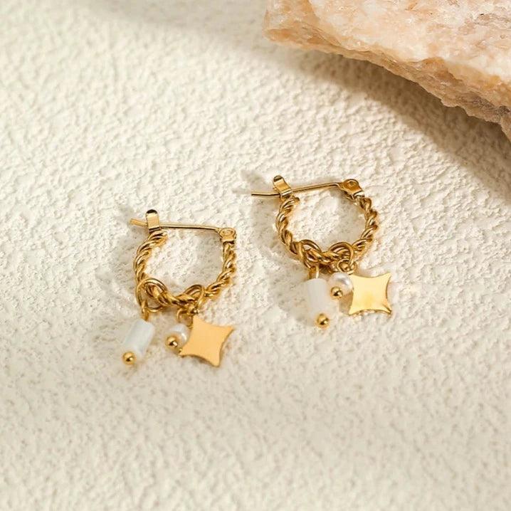 Brinco Encanto De Estrela com Pérola e Quartzo Branco - Beverly Joias