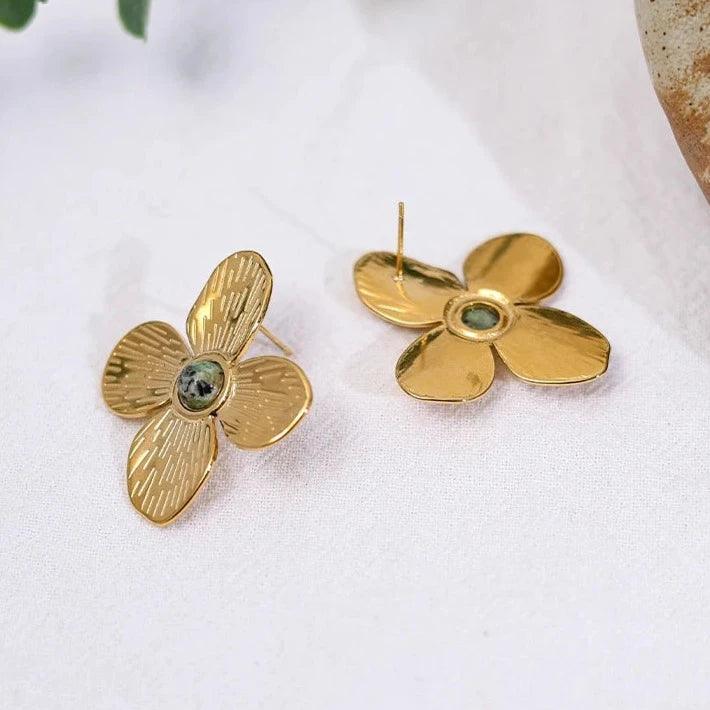 Brinco Quatro Folhas com Pedra Turquesa Africana - Beverly Joias