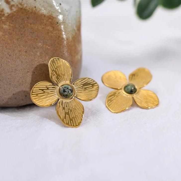 Brinco Quatro Folhas com Pedra Turquesa Africana - Beverly Joias