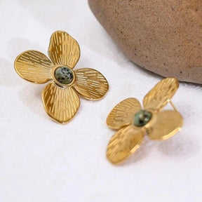 Brinco Quatro Folhas com Pedra Turquesa Africana - Beverly Joias