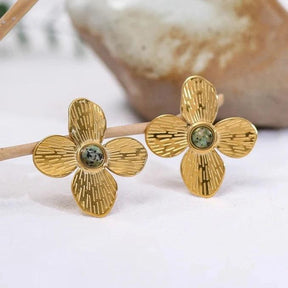 Brinco Quatro Folhas com Pedra Turquesa Africana - Beverly Joias